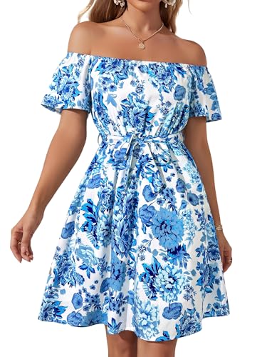 Image of Off Shoulder Ruffle Dress for Women, A-Line Mini Dress with Belt, Fitted Bust Summer Wedding Guest Dress