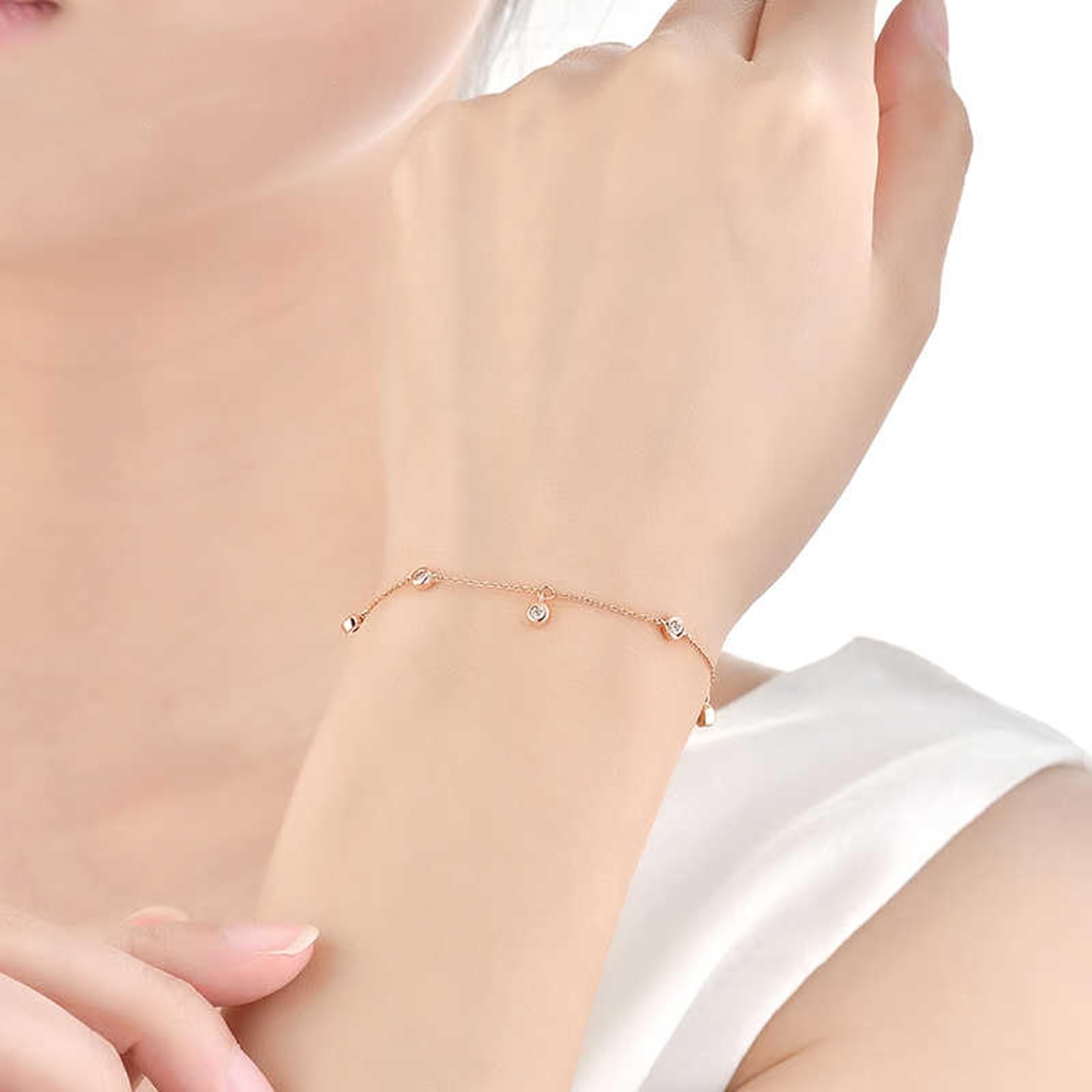 Pulseras de cadena para mujer, oro rosa redondo, diamantes de 0,15 quilates, pulsera para novia