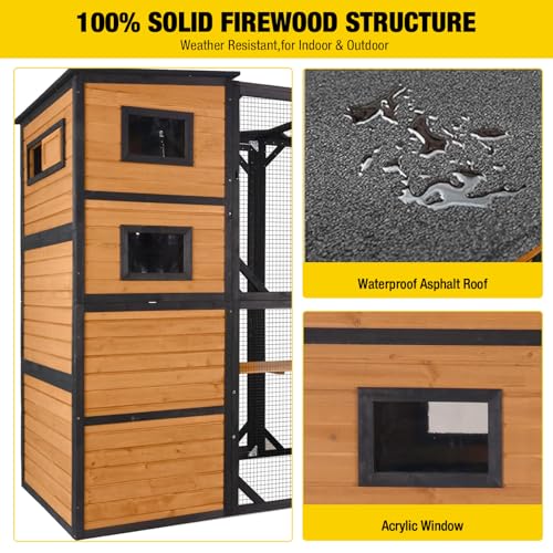 Image of Aivituvin Catio Cat House Outdoor Kitty Enclosures 77 inch Large Cat Home with Run Cat Cage with Platforms Kitty Playpen, 4 Tiers, 76.8 inch L x 35.8 inch W x 69.3 inch H,Brown