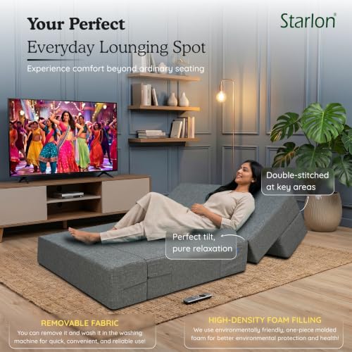 Image of Starlon 1 Seater Foldable Sofa Cum Bed 3-in-1 with 1 Geometrical Pattern Pillow, Washable Jute Fabric Cover, Space Saving Guest Bed, Pre-Assembled Ash Gray 2.5x6 Ft