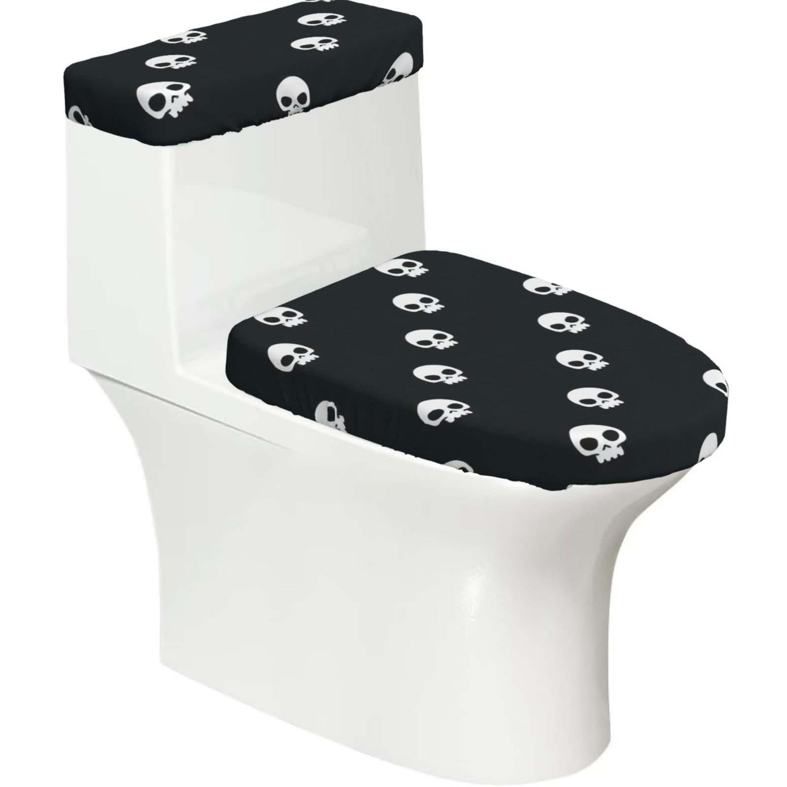 Skull Print 2-Piece Stretch Toilet Cover Set, Elastic Breathable Toilet Seat and Tank Lid Protector