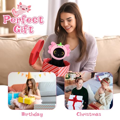 Image of Axolotl Plush Toys, 8inch Kawaii Black Cat Wear Strawberry Plush Hood | Cute Plushies for Girls Soft Stuffed Animal Doll, Axolotl Birthday Gifts for Kids Boys Adults, Room Decor
