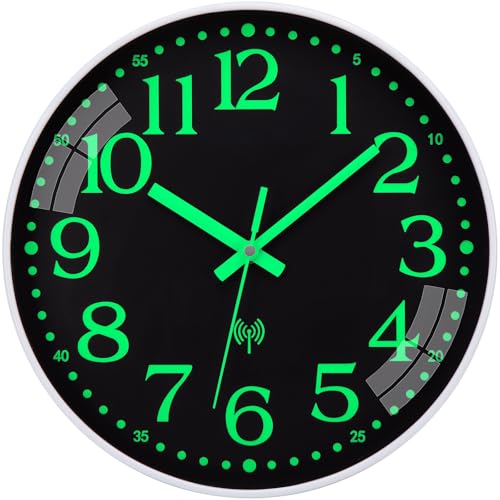 NESIFEE Wanduhr Funk Leuchtend Im Dunkeln Funkuhr Wand Lautlos Funkwanduhr Geräuschlos Wanduhr Ohne Tickgeräusche 25 cm Groß Batterie wohnzimmeruhr