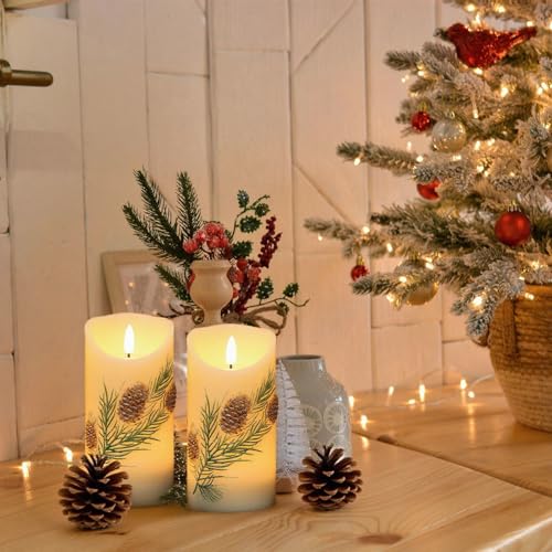 Image of Pinecone Flameless Flickering Candles Battery Operated with 6H Timer 3D Wick LED Pillar Candles Real Wax Hand-Painted Dinner Holiday Christmas Indoor Decoration(2 Pack, 3 inch D x 5.7 inch H)