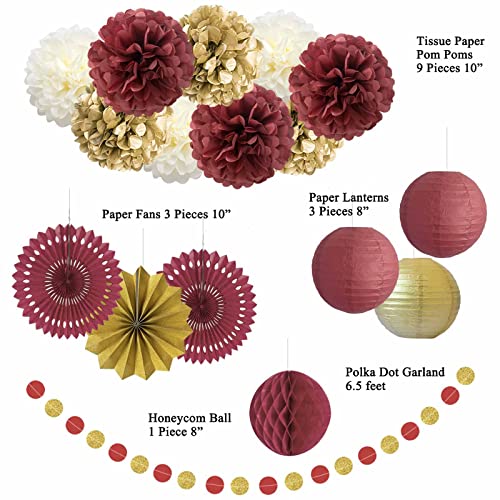 Image of ANSOMO Burgundy and Gold Party Decorations Maroon Wine Dark Red Paper Fans Lanterns Tissue Pom Poms Wall Hanging Decor Supplies Bridal Baby Shower Birthday Wedding Graduation (Pack of 3)