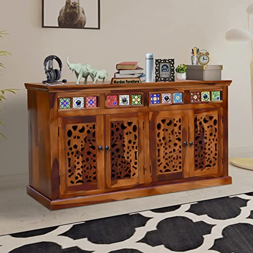 Image of SONA ART & CRAFTS CNC Solid Sheesham Wood Sideboard Cabinet Storage Organizer with 4 Drawer & Door Cabinet for Home Kitchen Living Room & Bedroom Multi Shelves Cabinets Hallway Dinning (Honey Finish)