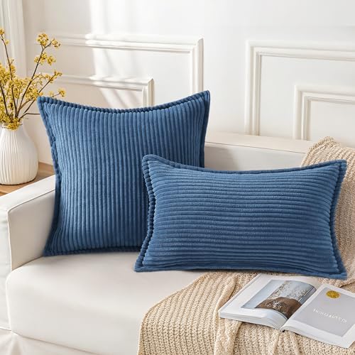 Mecatny Corduroy Throw Pillow Covers 22x22 Set of 2, Neutral Decorative Soft Boho Couch Pillow Covers with Broadside for Sofa Living Room, Navy