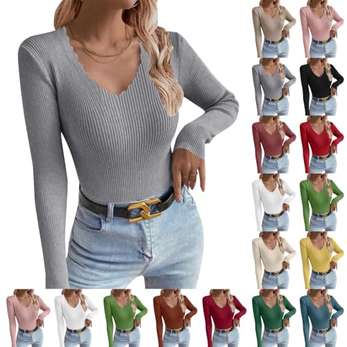 MESSIYO Long Sleeve Shirts for Women Scalloped Sweatshirt Grey - image 1