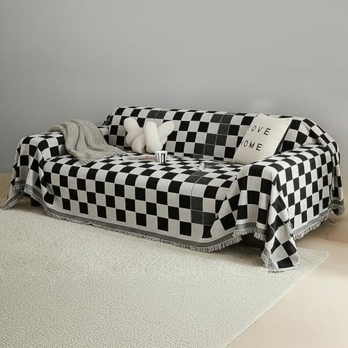 Image of The Furnishing Tree 3 Seater Reversible Chenille Sofa Cover, Double-Sided Luxury Throw, Anti-Slip Couch Cover, Soft & Comfortable Sofa Towel for All Seasons, Checkerboard