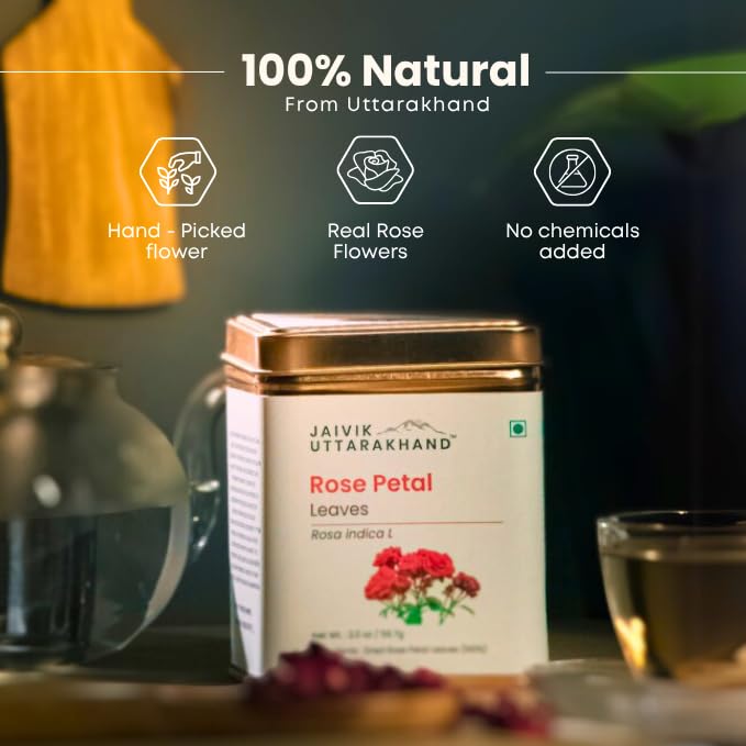 Image of Jaivik Uttarakhand - Rose Petals Tea (113.4 g), Floral Aromatic Herbal Tea, Unique Blend Crafted Loose Leaf For Chai Lovers Across India, Rich Aromatic Chai Loose Leaves, Pack of 2 Tin Can
