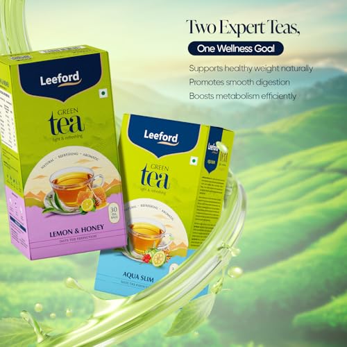 Image of Leeford Aqua Slim + Honey Lemon Green Tea - Pack of 2 (30 Compostable Tea Bags) | With Garcinia, Hibiscus & Moringa for Digestion & Detox | Supports Weight Management & Metabolism