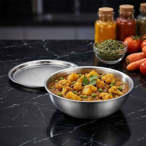 Image of AGARO Regency 24 cm Triply Stainless Steel Tasla with Lid, 2.7L, Induction & Gas Compatible, Even Heat, Non-Toxic, no Chemical Coating, Dishwasher Safe cookware for Kitchen-Ideal for Curry & Frying