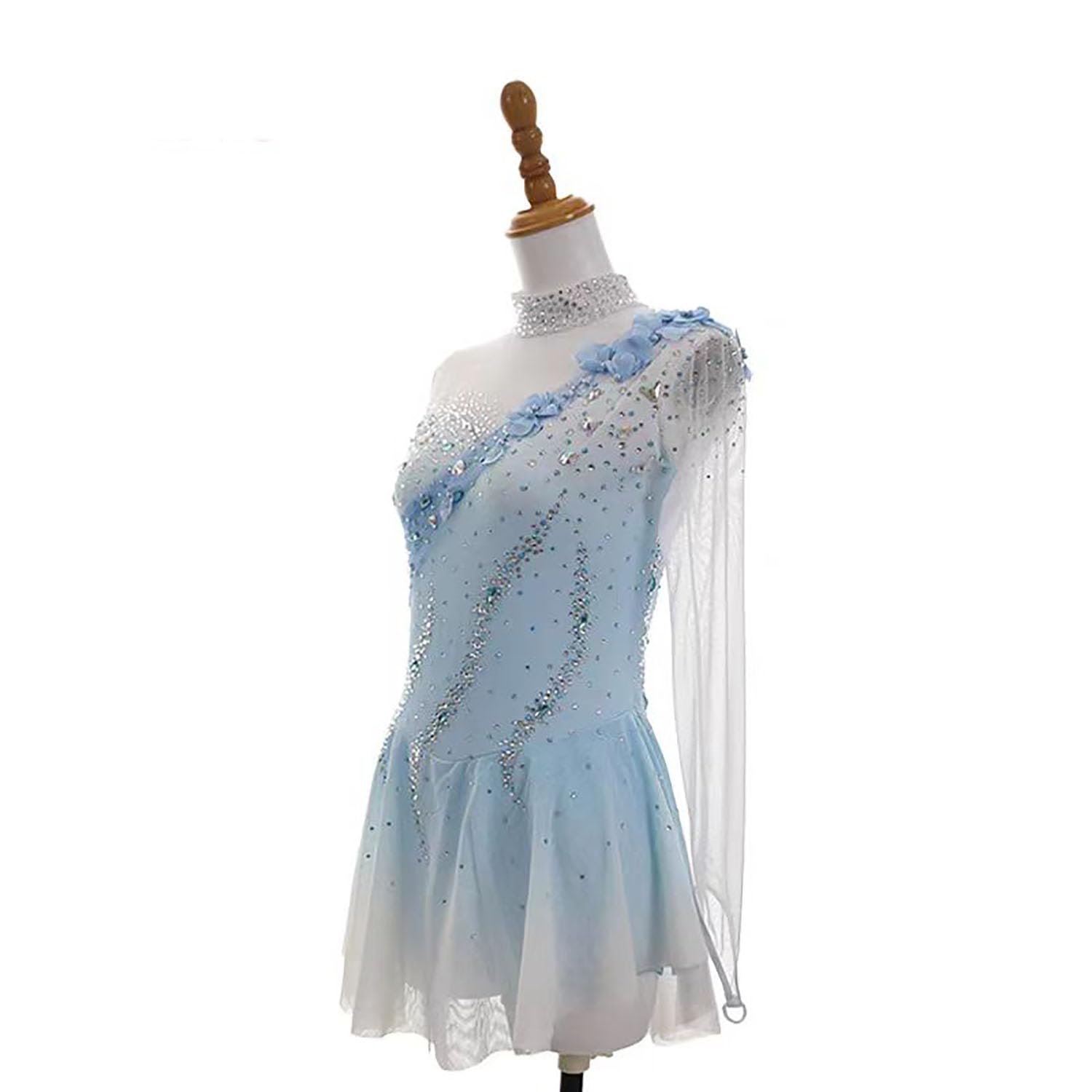 Vestito da Pattinaggio su Ghiaccio da Donna Azzurro Cielo Alta Elasticità Allenamento con Strass Maniche Lunghe Competizione