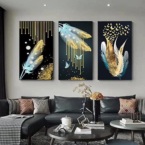 Peinture murale papillon or et plume d'or chic luxe pour salon moderne 30x60cm