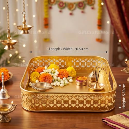 Image of Multipurpose Metal Basket For Gift Hamper, Pooja Temple Storage With Sturdy Handle, Decorative Flower Organizer & Versatile Puja Utility Accessories Home Decoration (Square Tray)