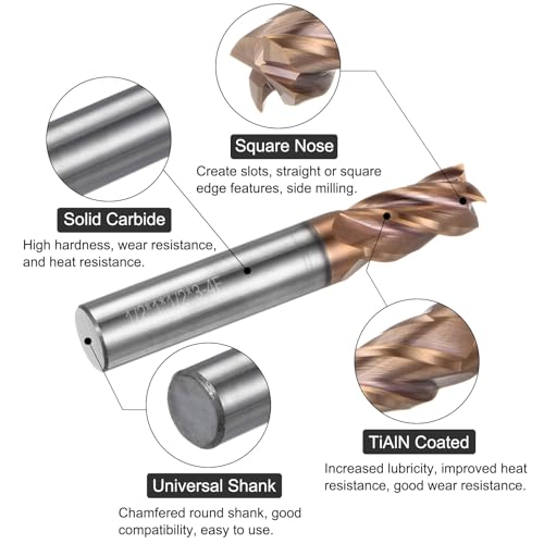 Image of uxcell Carbide Square End Mill, 1 /2 inch Diameter TiAlN Coated 4 Flutes Milling Bit Cutter, for Hardened Steel Stainless Steel Alloy Metal, 1 /2 inch Shank 1 inch Cut Length 3 inch Long HRC50