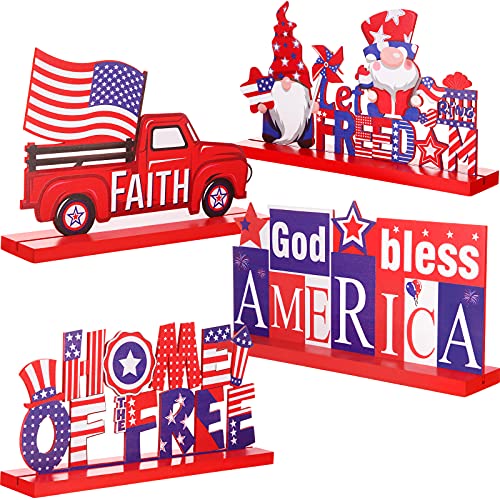 Image of Jetec 4 Pcs Patriotic Table Decorations 4th of July Wooden Table Centerpieces Red White Blue Gnome Wood Sign for 250 Years Anniversary Veterans Memorial Day Independence Day Home Decor (Classic)