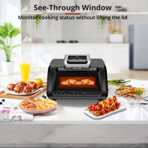 7-in-1 Indoor Grill Combo with See-Through Window and Silicon Tongs, Smokeless Electric Air Fryer up to 450°F, 1750W Contact Grill with Non-Stick Removable Plates, Even Heat, Black, 4Qt