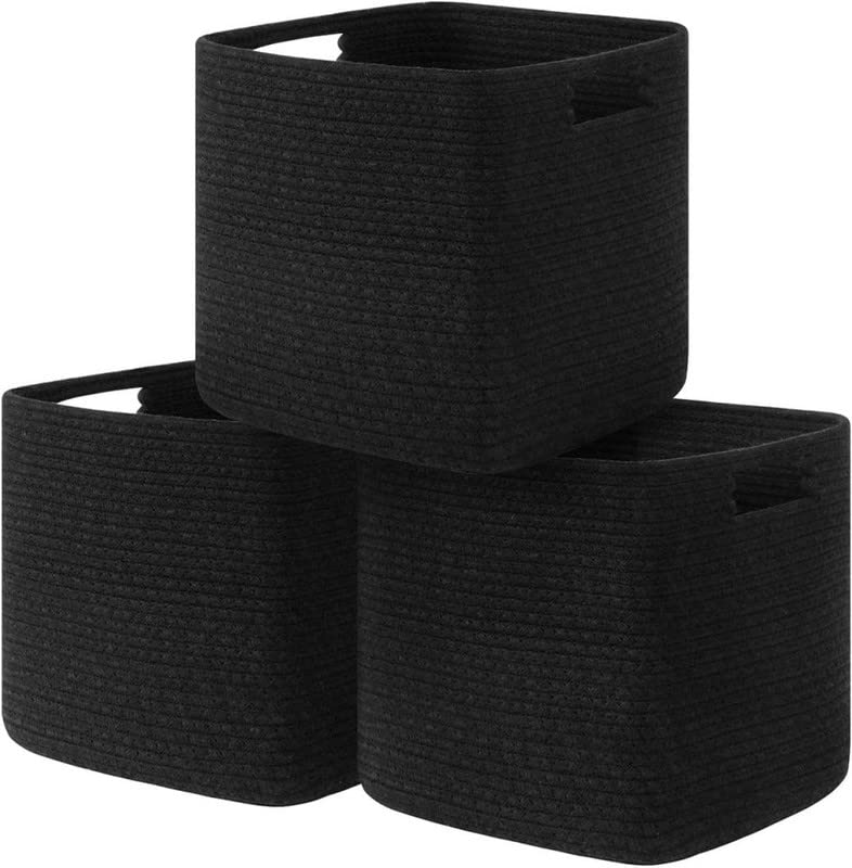 AURA NEST Set Of 3 Foldable Cotton Rope Storage Baskets With Handles | Woven Organizer Bins For Toys, Towels, Clothes, Shelves | Decorative Fabric Storage Boxes | 10.5X10.5X11 Inch | Black1