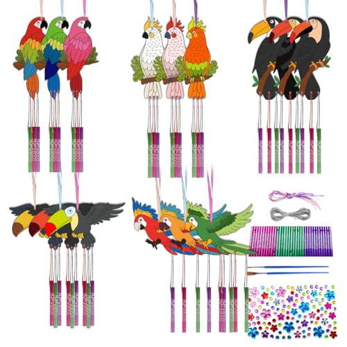 CHGCRAFT 15 Set Vogel Windspiel Set Mit Papagei und Tukan Zum Bemalen Aus Holz Windspiel Aus Holz Basteln für Künstlerische Aktivitäten Geburtstagsparty Dekoration