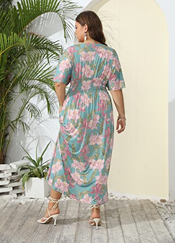 Image of OSTOO Women's Plus Size Hawaii Empire Waist Bat Short Sleeve Casual Floral Print Boho Maxi Dress