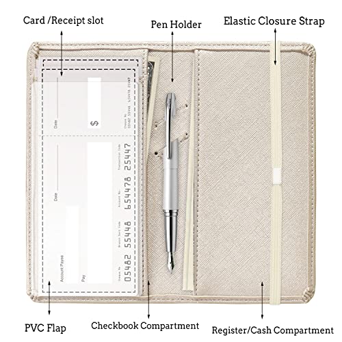 Image of LOLOMLO Checkbook Cover for Duplicate Checks, Stripes Criss Cross Embossed PU Leather Check Book Holder for Top Side Tear Register, RFID Blocking Wallet with Elastic Strap & Pen Slot, Light Champagne