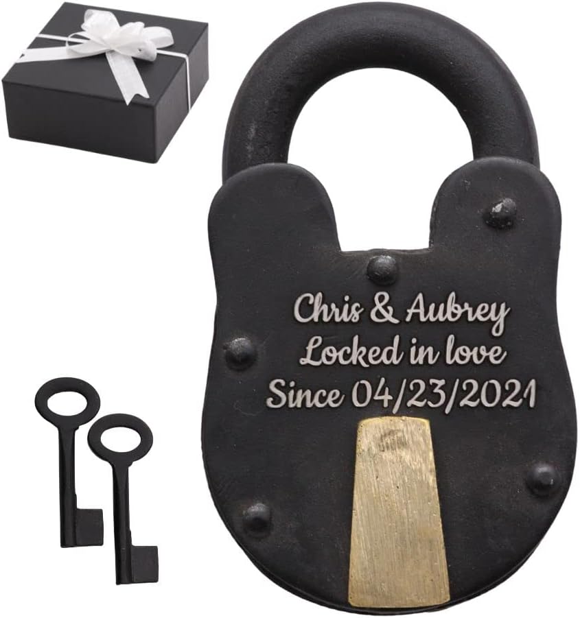 RII Personalized Love Lock, Black, Padlock with Key, Customized, Engraved Keepsake, Gift for Husband, Wife, Boyfriend, Girlfriend, Custom Name Love Lock for Bridge