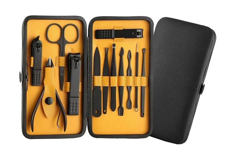 12-in-1 Professional Manicure Set Nail Clipper Kit | Stainless Steel Nail Care Tools with Leather Travel Case | Grooming Kit for Hands, Feet & Facial Care | Portable Yellow Color image 2