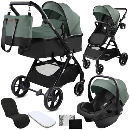 Twinly Carrito de Bebe 3 en 1 – Carro Bebe 3 Piezas Convertible con Grupo 0 (i-Size), Capazo y Silla de Paseo – FABULY – Plegable y Ligero con Bolso, Plástico Lluvia y saco – (Verde)