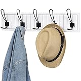 Decorative Wall Mounted White Wood & 5 Black Metal Dual Coat Hooks Entryway Rack / Bathroom Towel Hanger