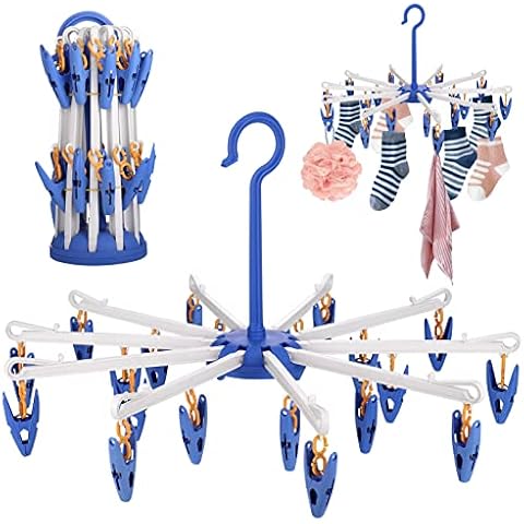 Hejo Sock Dryer 2 Pack , Rotatable Sock Dryer for Washing Line, Blue Sock Dryer with 20 Pegs Hanging Folding Sock Dryer for Socks, Underwear, Hats, Scarf, Towel Cover