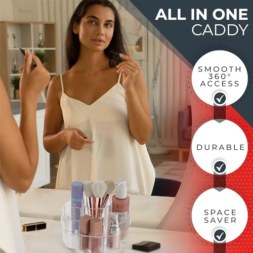 Image of Masirs Small 360 Rotating Makeup Organizer - Mini Yet Spacious Cosmetic Storage Solution with Multiple Compartments - The Perfect Spinning Make-Up Caddy for Vanity or Bathroom Counter (Round - Clear)