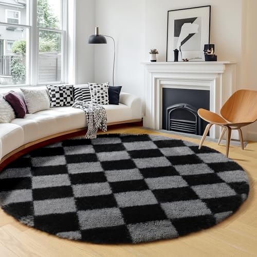 Image of KICMOR Round Rugs 6ft Black and Grey Circle Area Rug, Fluffy Soft Fuzzy Shag Shaggy Bedroom Living Room Carpet, Indoor Checkered Circular Rug for Teen Kids Boys Girls Home Decor Aesthetic, Nursery