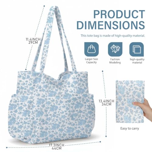 Corduroy Tote Bag for Women, Large Capacity Cute Tote Bags With 6 Pockets, Laptop Tote Bag Crossbody Shoulder Handbag Teacher Nurse Bags for Work Travel Gym(Blue Flowers) - image 7