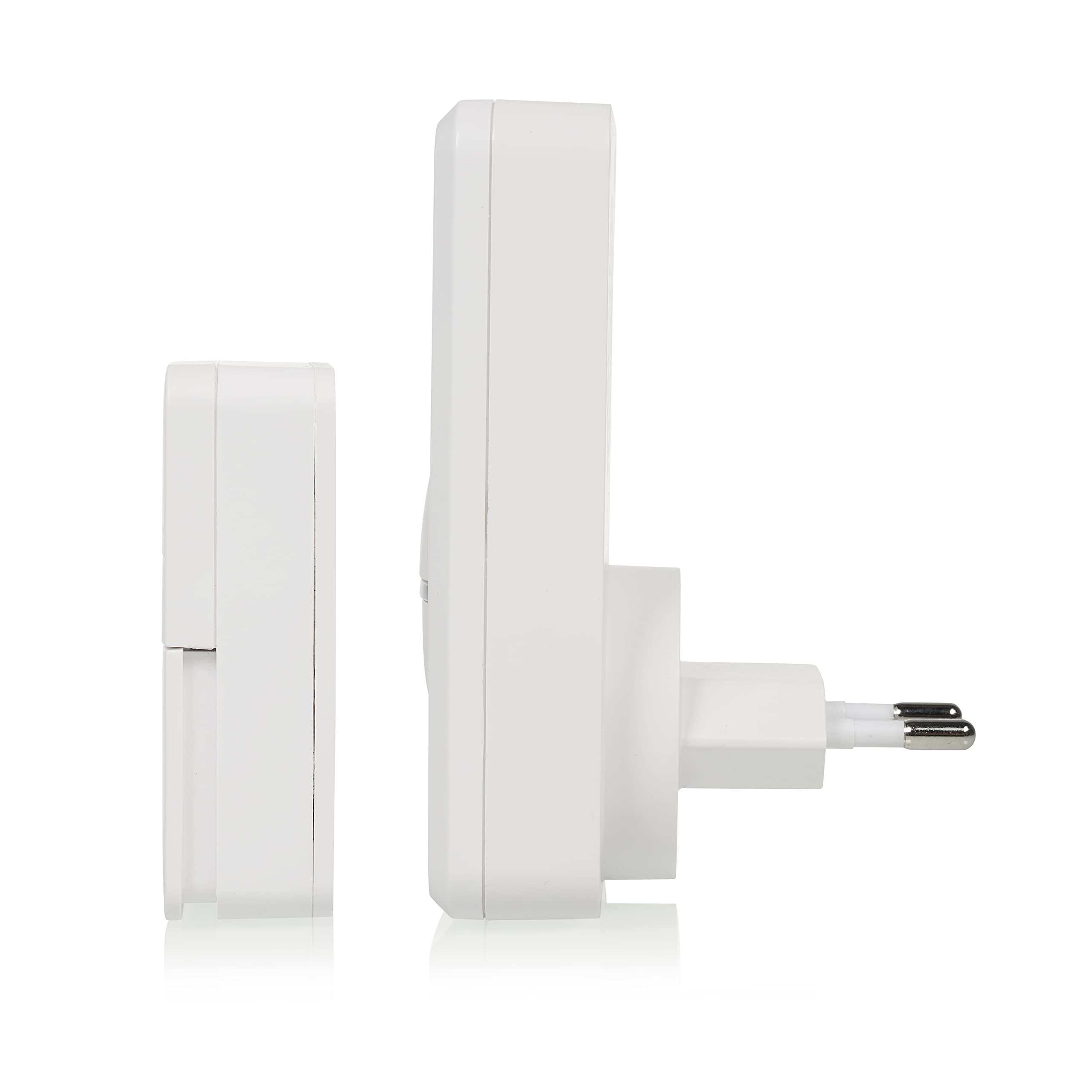 Side view of the Byron DBY-23442 doorbell receiver and kinetic push button, illustrating their slim profile.