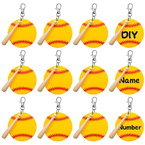 Cunno 12 Sets Softball Acrylic Keychain Blank DIY Kit Bulk Softball Theme 3 Inch Acrylic Keyring with Swivel Snap Hook Keychain for Team Gifts Sport Party Favors