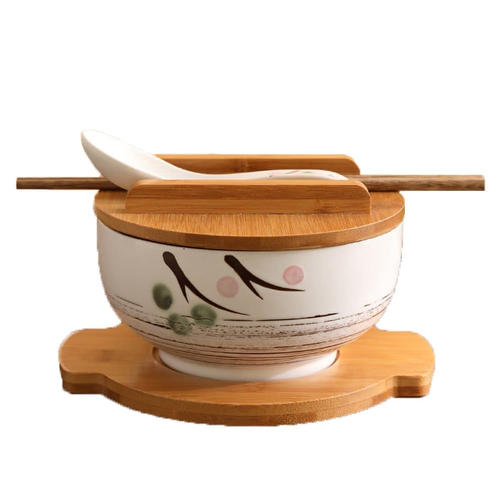 EdirFtra Japanese ramen bowl, large ceramic noodle bowl, with lid/chopsticks/spoon/tray, antique hand-painted tableware soup bowl, gift box packaging,White