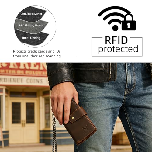 Image of Genuine Crazy Horse Leather Travel Gift Coin Pocket Card Case Long Organizer Chain Rfid Wallet Purse With Snap For Men Male 1803 1815 (W-1820-Brown)