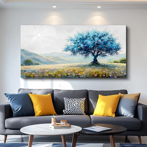 FUHAIHUA Large Wall Decor For Living Room Canvas Wall Art For Office Modern Wall Decorations For Bedroom Pastoral Landscape Painting Blue Tree Pictures Artwork Room Aesthetic Home Decor 24x48 In
