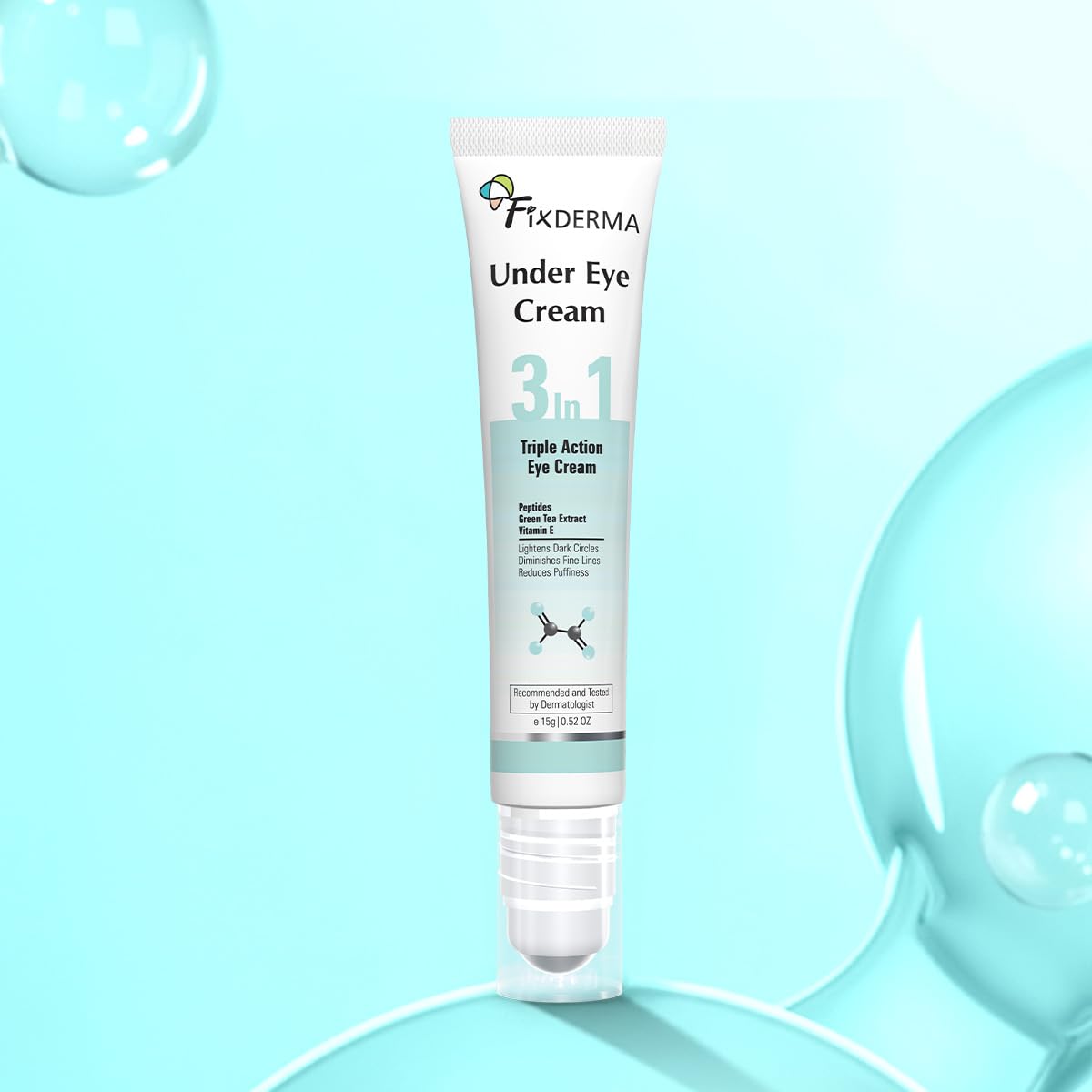 Fixderma Under Eye Cream Roll on with Peptides, Green Tea Extract & Vitamin E | Reduces Dark Circles, Puffiness, Wrinkles & Fine Lines | Triple Action | for Men & Women | 15g — Amazon image 2