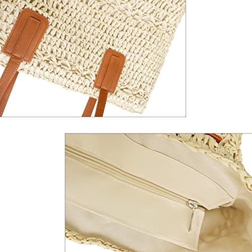 Aovtero Straw Beach Bag For Women Woven Structured Tote Bag Summe Shoulder Handbags (Beige) #TOP4
