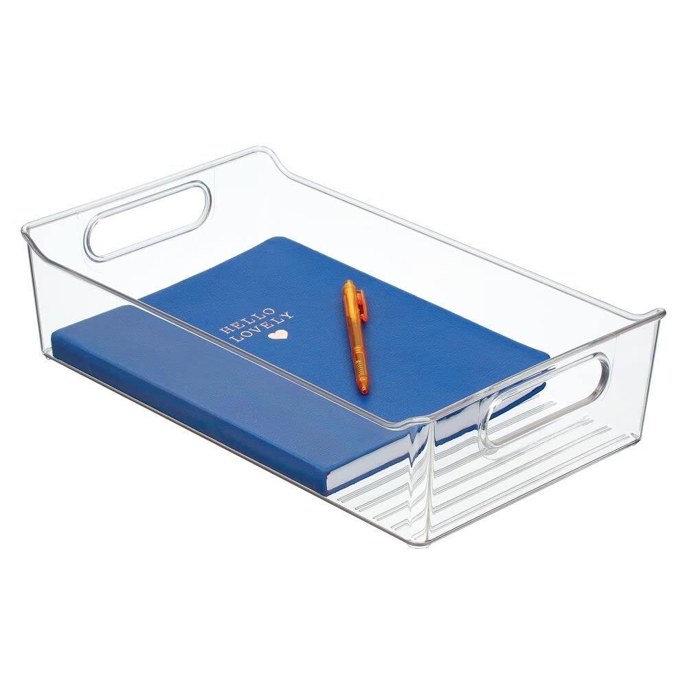 mDesign Organizer ufficio – Contenitore portaoggetti in plastica con manici per ufficio e casa – Box in plastica ideali per penne, matite, timbri e cancelleria – Set da 4 – trasparente