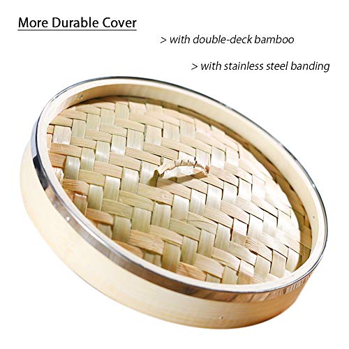 ANSNOW Kitchen Bamboo Steamer with Double Stainless Steel Banding for Asian Cooking Buns Dumplings Vegetables Fish Rice/3 Tier/10.6" - Image 3