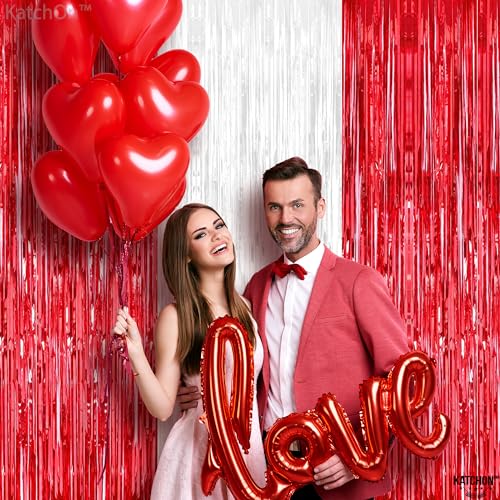 Image of KatchOn, Red and White Streamers - 3.2x8 Ft, Pack of 3 | Red and White Fringe Backdrop for Red Party Decorations | Fringe Backdrop for Proposal, Wedding Decorations | Engagement Party Decor