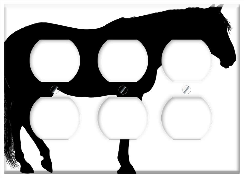 Triple Duplex Outlet Wall Plate Cover - Animal Equine Horse Ride Silhouette Transportation