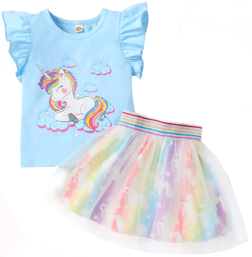 Girls Tulle Skirt Set Two Piece Ruffle Sleeve Unicorn T-Shirt Tutu Dress Summer Birthday Party Outfit 2-10 Years