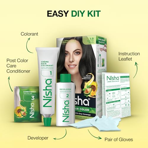 Image of Nisha Creme Hair Color Cream Natural Black 1.0, 120g, Long Lasting Hair Dye for Grey Coverage, Rich Color & Natural Shine, For Men & Women, Pack of 1