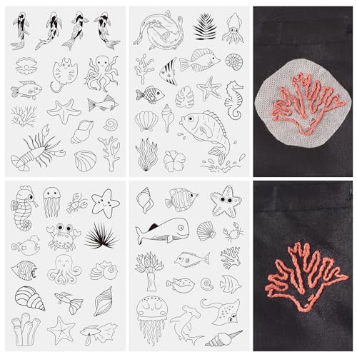 Image of Spritewelry 64 Pcs Water Soluble Embroidery Patterns Jellyfish Koi Fish Shell Conch Stick and Stitch Embroidery Paper Wash Away Sea Animal Embroidery Transfer Paper Stabilizers for Hand Sewing