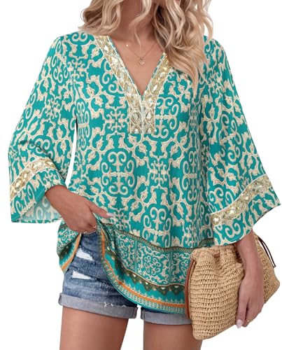 Bebonnie Boho Embroidered Tops for Women: Petite 3/4 Sleeve Luxury Summer V Neck Sequins Beach Vacation Cruise Clothes Peasant Blouses Dressy Casual Resort Travel Old Money Evening Wear Multi Blue M