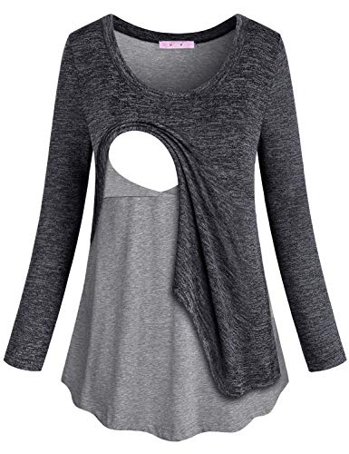 Joymom Nursing Tops Breastfeeding Shirts for Women Long Sleeve Nursing Tops Nursing Shirts for Breastfeeding Tops Postpartum Clothes Latched Mama Hoodies for Breastfeeding Black Grey XL